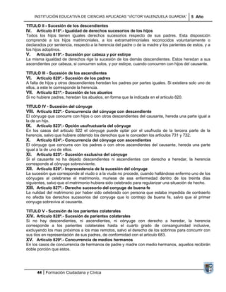 INSTITUCIÓN EDUCATIVA DE CIENCIAS APLICADAS ―VÍCTOR VALENZUELA GUARDIA‖                5 Año

TITULO II - Sucesión de los descendientes
IV. Articulo 818º.- Igualdad de derechos sucesorios de los hijos
Todos los hijos tienen iguales derechos sucesorios respecto de sus padres. Esta disposición
comprende a los hijos matrimoniales, a los extramatrimoniales reconocidos voluntariamente o
declarados por sentencia, respecto a la herencia del padre o de la madre y los parientes de estos, y a
los hijos adoptivos.
V. Articulo 819º.- Sucesión por cabeza y por estirpe
La misma igualdad de derechos rige la sucesión de los demás descendientes. Estos heredan a sus
ascendientes por cabeza, si concurren solos, y por estirpe, cuando concurren con hijos del causante.

TITULO III - Sucesión de los ascendientes
VI. Articulo 820º.- Sucesión de los padres
A falta de hijos y otros descendientes heredan los padres por partes iguales. Si existiera solo uno de
ellos, a este le corresponde la herencia.
VII. Articulo 821º.- Sucesión de los abuelos
Si no hubiere padres, heredan los abuelos, en forma que la indicada en el articulo 820.

TITULO IV - Sucesión del cónyuge
VIII. Articulo 822º.- Concurrencia del cónyuge con descendiente
El cónyuge que concurre con hijos o con otros descendientes del causante, hereda una parte igual a
la de un hijo.
IX. Articulo 823º.- Opción usufructuaria del cónyuge
En los casos del articulo 822 el cónyuge puede optar por el usufructo de la tercera parte de la
herencia, salvo que hubiere obtenido los derechos que le conceden los artículos 731 y 732.
X. Articulo 824º.- Concurrencia del cónyuge con ascendientes
El cónyuge que concurra con los padres o con otros ascendientes del causante, hereda una parte
igual a la de uno de ellos.
XI. Articulo 825º.- Sucesión exclusiva del cónyuge
Si el causante no ha dejado descendientes ni ascendientes con derecho a heredar, la herencia
corresponde al cónyuge sobreviviente.
XII. Articulo 826º.- Improcedencia de la sucesión del cónyuge
La sucesión que corresponde al viudo o a la viuda no procede, cuando hallándose enfermo uno de los
cónyuges al celebrarse el matrimonio, muriese de esa enfermedad dentro de los treinta días
siguientes, salvo que el matrimonio hubiera sido celebrado para regularizar una situación de hecho.
XIII. Articulo 827º.- Derecho sucesorio del conyuge de buena fe
La nulidad del matrimonio por haber sido celebrado con persona que estaba impedida de contraerlo
no afecta los derechos sucesorios del conyuge que lo contrajo de buena fe, salvo que el primer
conyuge sobreviva al causante.

TITULO V - Sucesión de los parientes colaterales
XIV. Articulo 828º.- Sucesión de parientes colaterales
Si no hay descendientes, ni ascendientes, ni cónyuge con derecho a heredar, la herencia
corresponde a los parientes colaterales hasta el cuarto grado de consanguinidad inclusive,
excluyendo los mas próximos a los mas remotos, salvo el derecho de los sobrinos para concurrir con
sus tíos en representación de sus padres, de conformidad con el articulo 683.
XV. Articulo 829º.- Concurrencia de medios hermanos
En los casos de concurrencia de hermanos de padre y madre con medio hermanos, aquellos recibirán
doble porción que estos.




      44 Formación Ciudadana y Cívica
 