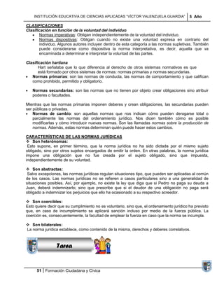 INSTITUCIÓN EDUCATIVA DE CIENCIAS APLICADAS ―VÍCTOR VALENZUELA GUARDIA‖                5 Año

CLASIFICACIONES
Clasificación en función de la voluntad del individuo
       Normas imperativas: Obligan independientemente de la voluntad del individuo.
       Normas dispositivas: Obligan cuando no existe una voluntad expresa en contrario del
       individuo. Algunos autores incluyen dentro de esta categoría a las normas supletivas. También
       puede considerarse como dispositiva la norma interpretativa, es decir, aquella que va
       encaminada a determinar e interpretar la voluntad de las partes.

Clasificación hartiana
       Hart señalaba que lo que diferencia al derecho de otros sistemas normativos es que
       está formado por otros sistemas de normas: normas primarias y normas secundarias.
   Normas primarias: son las normas de conducta, las normas de comportamiento y que califican
   como prohibido, permitido y obligatorio.

   Normas secundarias: son las normas que no tienen por objeto crear obligaciones sino atribuir
   poderes o facultades.

Mientras que las normas primarias imponen deberes y crean obligaciones, las secundarias pueden
ser públicas o privadas.
    Normas de cambio: son aquellas normas que nos indican cómo pueden derogarse total o
    parcialmente las normas del ordenamiento jurídico. Nos dicen también cómo es posible
    modificarlas y cómo introducir nuevas normas. Son las llamadas normas sobre la producción de
    normas. Además, estas normas determinan quién puede hacer estos cambios.

CARACTERÍSTICAS DE LAS NORMAS JURÍDICAS
 Son heterónomas:
 Esto supone, en primer término, que la norma jurídica no ha sido dictada por el mismo sujeto
obligado, sino por otros sujetos encargados de emitir la orden. En otras palabras, la norma jurídica
impone una obligación que no fue creada por el sujeto obligado, sino que impuesta,
independientemente de su voluntad.

 Son abstractas:
 Salvo excepciones, las normas jurídicas regulan situaciones tipo, que pueden ser aplicadas al común
de los casos. Las normas jurídicas no se refieren a casos particulares sino a una generalidad de
situaciones posibles. Así, por ejemplo, no existe la ley que diga que si Pedro no paga su deuda a
Juan, deberá indemnizarlo; sino que prescribe que si el deudor de una obligación no paga será
obligado a indemnizar los perjuicios que ello ha ocasionado a su respectivo acreedor.
                Sucesiones
 Son coercibles:
              Distribuciones
Esto quiere decir que su cumplimiento no es voluntario, sino que, el ordenamiento jurídico ha previsto
que, en caso de incumplimiento se aplicará sanción incluso por medio de la fuerza pública. La
                  Series y
coerción es, consecuentemente, la facultad de emplear la fuerza en caso que la norma se incumpla.
               Sumatorias
 Son bilaterales:
La norma jurídica establece, como contenido de la misma, derechos y deberes correlativos.



                 Tarea


      51 Formación Ciudadana y Cívica
 