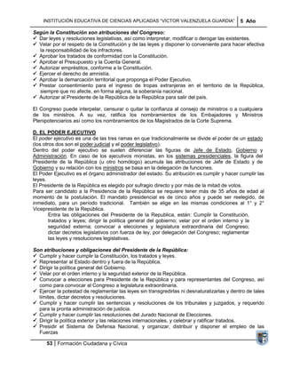 INSTITUCIÓN EDUCATIVA DE CIENCIAS APLICADAS ―VÍCTOR VALENZUELA GUARDIA‖                  5 Año

Según la Constitución son atribuciones del Congreso:
 Dar leyes y resoluciones legislativas, así como interpretar, modificar o derogar las existentes.
 Velar por el respeto de la Constitución y de las leyes y disponer lo conveniente para hacer efectiva
  la responsabilidad de los infractores.
 Aprobar los tratados de conformidad con la Constitución.
 Aprobar el Presupuesto y la Cuenta General.
 Autorizar empréstitos, conforme a la Constitución.
 Ejercer el derecho de amnistía.
 Aprobar la demarcación territorial que proponga el Poder Ejecutivo.
 Prestar consentimiento para el ingreso de tropas extranjeras en el territorio de la República,
  siempre que no afecte, en forma alguna, la soberanía nacional.
 Autorizar al Presidente de la República de la República para salir del país.

El Congreso puede interpelar, censurar o quitar la confianza al consejo de ministros o a cualquiera
de los ministros. A su vez, ratifica los nombramientos de los Embajadores y Ministros
Plenipotenciarios así como los nombramientos de los Magistrados de la Corte Suprema.

D. EL PODER EJECUTIVO
El poder ejecutivo es una de las tres ramas en que tradicionalmente se divide el poder de un estado
(los otros dos son el poder judicial y el poder legislativo).
Dentro del poder ejecutivo se suelen diferenciar las figuras de Jefe de Estado, Gobierno y
Administración. En caso de los ejecutivos monistas, en los sistemas presidenciales, la figura del
Presidente de la República (u otro homólogo) acumula las atribuciones de Jefe de Estado y de
Gobierno y su relación con los ministros se basa en la delegación de funciones.
El Poder Ejecutivo es el órgano administrador del estado. Su atribución es cumplir y hacer cumplir las
leyes.
El Presidente de la República es elegido por sufragio directo y por más de la mitad de votos.
Para ser candidato a la Presidencia de la República se requiere tener más de 35 años de edad al
momento de la postulación. El mandato presidencial es de cinco años y puede ser reelegido, de
inmediato, para un período tradicional. También se elige en las mismas condiciones al 1° y 2°
Vicepresidente de la República.
        Entra las obligaciones del Presidente de la Republica, están: Cumplir la Constitución,
        tratados y leyes; dirigir la política general del gobierno; velar por el orden interno y la
        seguridad externa; convocar a elecciones y legislatura extraordinaria del Congreso;
        dictar decretos legislativos con fuerza de ley, por delegación del Congreso; reglamentar
        las leyes y resoluciones legislativas.

Son atribuciones y obligaciones del Presidente de la República:
 Cumplir y hacer cumplir la Constitución, los tratados y leyes.
 Representar al Estado dentro y fuera de la República.
 Dirigir la política general del Gobierno.
 Velar por el orden interno y la seguridad exterior de la República.
 Convocar a elecciones para Presidente de la República y para representantes del Congreso, así
   como para convocar al Congreso a legislatura extraordinaria.
 Ejercer la potestad de reglamentar las leyes sin transgredirlas ni desnaturalizarlas y dentro de tales
   límites, dictar decretos y resoluciones.
 Cumplir y hacer cumplir las sentencias y resoluciones de los tribunales y juzgados, y requerido
   para la pronta administración de justicia.
 Cumplir y hacer cumplir las resoluciones del Jurado Nacional de Elecciones.
 Dirigir la política exterior y las relaciones internacionales, y celebrar y ratificar tratados.
 Presidir el Sistema de Defensa Nacional, y organizar, distribuir y disponer el empleo de las
   Fuerzas

      53 Formación Ciudadana y Cívica
 