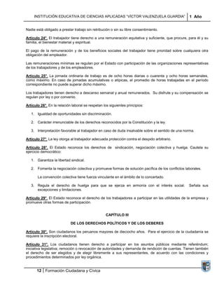 INSTITUCIÓN EDUCATIVA DE CIENCIAS APLICADAS “VÍCTOR VALENZUELA GUARDIA”                       1 Año


Nadie está obligado a prestar trabajo sin retribución o sin su libre consentimiento.

Artículo 24°. El trabajador tiene derecho a una remuneración equitativa y suficiente, que procure, para él y su
familia, el bienestar material y espiritual.

El pago de la remuneración y de los beneficios sociales del trabajador tiene prioridad sobre cualquiera otra
obligación del empleador.

Las remuneraciones mínimas se regulan por el Estado con participación de las organizaciones representativas
de los trabajadores y de los empleadores.

Artículo 25°. La jornada ordinaria de trabajo es de ocho horas diarias o cuarenta y ocho horas semanales,
como máximo. En caso de jornadas acumulativas o atípicas, el promedio de horas trabajadas en el período
correspondiente no puede superar dicho máximo.

Los trabajadores tienen derecho a descanso semanal y anual remunerados. Su disfrute y su compensación se
regulan por ley o por convenio.

Artículo 26°. En la relación laboral se respetan los siguientes principios:

   1. Igualdad de oportunidades sin discriminación.

   2. Carácter irrenunciable de los derechos reconocidos por la Constitución y la ley.

   3. Interpretación favorable al trabajador en caso de duda insalvable sobre el sentido de una norma.

Artículo 27°. La ley otorga al trabajador adecuada protección contra el despido arbitrario.

Artículo 28°. El Estado reconoce los derechos de sindicación, negociación colectiva y huelga. Cautela su
ejercicio democrático:

   1. Garantiza la libertad sindical.

   2. Fomenta la negociación colectiva y promueve formas de solución pacífica de los conflictos laborales.

       La convención colectiva tiene fuerza vinculante en el ámbito de lo concertado.

   3. Regula el derecho de huelga para que se ejerza en armonía con el interés social.             Señala sus
      excepciones y limitaciones.

Artículo 29°. El Estado reconoce el derecho de los trabajadores a participar en las utilidades de la empresa y
promueve otras formas de participación.


                                                   CAPÍTULO III

                            DE LOS DERECHOS POLÍTICOS Y DE LOS DEBERES

Artículo 30°. Son ciudadanos los peruanos mayores de dieciocho años. Para el ejercicio de la ciudadanía se
requiere la inscripción electoral.

Artículo 31°. Los ciudadanos tienen derecho a participar en los asuntos públicos mediante referéndum;
iniciativa legislativa; remoción o revocación de autoridades y demanda de rendición de cuentas. Tienen también
el derecho de ser elegidos y de elegir libremente a sus representantes, de acuerdo con las condiciones y
procedimientos determinados por ley orgánica.


      12 Formación Ciudadana y Cívica
 