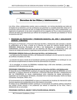 Sucesiones
             Distribuciones
                Series y
    INSTITUCIÓN EDUCATIVA DE CIENCIAS APLICADAS “VÍCTOR VALENZUELA GUARDIA”
              Sumatorias                                                                   1 Año




                 Tarea


                 Derechos de los Niños y Adolescentes

Los niños, niñas y adolescentes cuentan, para su protección, con normas abundantes que velan por
el respeto de sus derechos y por las condiciones que garanticen su completo desarrollo; estas son: la
convención sobre los derechos del niño, el Código de protección de niños, niñas y adolescentes y su
reglamento de aplicación, la ley sobre competencia de los Juzgados de Paz en casos de pensiones a
menores de edad y las ordenanzas que ratifican tal competencia, y el decreto que establece el "día de
los derechos del niño".


1. PROGRAMA DE PROTECCIÓN Y PROMOCIÓN MUNICIPAL DEL NIÑO Y ADOLESCENTE
   (DEMUNA - COMUDENA)

El Programa de Protección y Promoción Municipal del Niño y Adolescente está orientado a abordar
la problemática de la niñez a través de la atención de casos de violencia familiar desde las
DEMUNAS (Defensorías Municipales del Niño y del Adolescente), la implementación de los
COMUDENAS (Comités Municipales por los Derechos del Niño y del Adolescente) como una
instancia de trabajo permanente y organizado donde participen el Estado y la Sociedad Civil.

PROGRAMA DEMUNA (Defensoría Municipal del Niño y del Adolescente)
- Las Defensorías Municipales del Niño y del Adolescente constituyen una red nacional de resolución
de conflictos vinculados a la niñez.

- La solución de casos a través de la Conciliación permite que las DEMUNAs se constituyan en una
red nacional complementaria al sistema formal de administración de justicia.

- En la actualidad, el número de DEMUNAs instaladas llega a 600 entre distritales y provinciales,
cubriendo el 80% de provincias del país.

PROGRAMA COMUDENA (Comité Municipal por los Derechos del Niño y del Adolescente)
El desarrollo de los COMUDENAS constituye una segunda etapa del trabajo de DEMUNAs con el fin
desarrollar un Sistema Nacional de Protección y Promoción Municipal del Niño y Adolescente.Por
ello, los COMUDENAS se vienen implementando como instancias de trabajo permanente y
organizado con la participación del Estado y Sociedad Civil a nivel local (Escuelas, Centro de Salud,
Comisarías, Parroquias, ONG's, etc.)

El funcionamiento de los COMUDENAS se basa en el desarrollo de iniciativas de intervención sobre
diversos aspectos de la problemática de la niñez desde la comunidad.
El trabajo de los COMUDENA también contribuye a la formulación de políticas públicas específicas
que puedan brindar solución a los problemas que afecten al desarrollo de los niños, niñas y
adolescente de su comunidad.

PROGRAMA CONTRA EL ABUSO Y EXPLOTACIÓN SEXUAL INFANTIL

      14 Formación Ciudadana y Cívica
 
