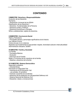 INSTITUCIÓN EDUCATIVA DE CIENCIAS APLICADAS “VÍCTOR VALENZUELA GUARDIA”        1 Año




                                    CONTENIDO
I BIMESTRE: Derechos y Responsabilidades
Evolución de los Derechos
Humanos.
- Declaración Universal de los DDHH
Clasificación de los Derechos I
- Derechos Fundamentales de la Persona
- Derechos Civiles y Políticos.
- Derechos Económicos y Sociales
Niños y adolescentes, sujetos de derechos.


II BIMESTRE: Convivencia Social
Patria y Patriotismo
- Principales héroes y personajes significativos de la historia
Los Valores Cívicos
Cultura de paz: la no violencia
Aspectos que fundamentan la peruanidad: respeto, diversidad cultural e interculturalidad
Administración tributaria: SUNAT

III BMESTRE: Familia y Sociedad
La Familia
- Conceptos Básicos
- Evolución
- Estructura de la Familia
Roles y Funciones de los miembros de la familia
- Deberes y derechos de la familia

IV B IMESTRE: Sistema Democrático
Seguridad ciudadana.
- Características.
Educación en Seguridad Vial
- Importancia de la Educación Vial
- Las señales. El semáforo
- Factores causantes de accidentes
- Derechos de los peatones con discapacidad Defensa civil:
- Sistema Nacional de Defensa Civil
- Desastres: clases y consecuencias




      3 Formación Ciudadana y Cívica
 