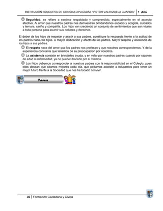 INSTITUCIÓN EDUCATIVA DE CIENCIAS APLICADAS “VÍCTOR VALENZUELA GUARDIA”                  1 Año

  Seguridad:     se refiere a sentirse respaldado y comprendido, especialmente en el aspecto
  afectivo. Al amor que nuestros padres nos demuestran brindándonos espacio y acogida, cuidados
  y ternura, cariño y compañía. Los hijos van creciendo un conjunto de sentimientos que son vitales
  a toda persona para asumir sus deberes y derechos.

El deber de los hijos de respetar y asistir a sus padres, constituye la respuesta frente a la actitud de
los padres hacia los hijos. A mayor dedicación y afecto de los padres. Mayor respeto y asistencia de
los hijos a sus padres.
  El respeto nace del amor que los padres nos profesan y que nosotros correspondemos. Y de la
  experiencia constante que tenemos de su preocupación por nosotros.
  La asistencia consiste en brindarles ayuda, y en velar por nuestros padres cuando por razones
          Sucesiones
          Distribuciones
  de edad o enfermedad, ya no pueden hacerlo por sí mismos.
  Los hijos Series y corresponder a nuestros padres con la responsabilidad en el Colegio, pues
              debemos
           Sumatorias
  ellos desean que seamos mejores cada día, que podamos acceder a educarnos para tener un
  mejor futuro frente a la Sociedad que nos ha tocado convivir.


              Tarea




      30 Formación Ciudadana y Cívica
 