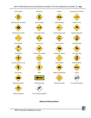 INSTITUCIÓN EDUCATIVA DE CIENCIAS APLICADAS “VÍCTOR VALENZUELA GUARDIA”                   1 Año

     Camino lateral                Bifurcación                  Rotonda           Incorporación de Tránsito




Estrechamiento de calzada        Puente angosto            Calzada irregular           Resalto o loma




 Pendiente pronunciada         Zona de derrumbes         Proyección de gravilla     Calzada resbaladiza




     Ancho limitado               Puente móvil              Túnel vehicular           Calzada dividida




      Viento lateral         Presencia de animales        Animales en libertad        Cruce de jinetes




Cruce de caminos a nivel             Badén                   Altura limitada          Doble circulación




      Zona escolar                    Niños              Salida de ambulancias            Tranvía




   Maquinaria agrícola          Flecha direccional        Prevención de pare       Fin zona de derrumbe




   Vuelos a baja altura     Fin de calzada resbaladiza




                                         SEÑALES REGULADORAS




      34 Formación Ciudadana y Cívica
 
