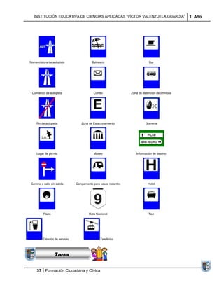 INSTITUCIÓN EDUCATIVA DE CIENCIAS APLICADAS “VÍCTOR VALENZUELA GUARDIA”                      1 Año




Nomenclatura de autopista                 Balneario                          Bar




 Comienzo de autopista                      Correo               Zona de detención de ómnibus




     Fin de autopsita              Zona de Estacionamiento                 Gomería




     Lugar de pic-nic                       Museo                   Información de destino




Camino o calle sin salida       Campamento para casas rodantes              Hotel




          Plaza                         Ruta Nacional                        Taxi
               Sucesiones
              Distribuciones
                 Series y
               Sumatorias
         Estación de servicio                   Teleférico




                   Tarea

     37 Formación Ciudadana y Cívica
 