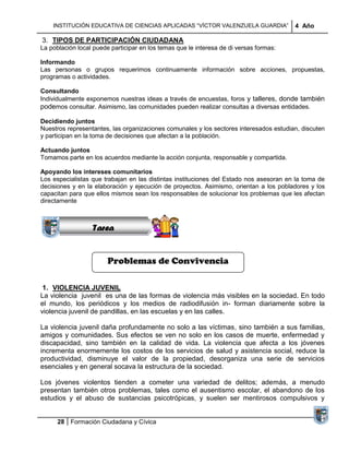INSTITUCIÓN EDUCATIVA DE CIENCIAS APLICADAS ―VÍCTOR VALENZUELA GUARDIA‖             4 Año

3. TIPOS DE PARTICIPACIÓN CIUDADANA
La población local puede participar en los temas que le interesa de di versas formas:

Informando
Las personas o grupos requerimos continuamente información sobre acciones, propuestas,
programas o actividades.

Consultando
Individualmente exponemos nuestras ideas a través de encuestas, foros y talleres, donde también
podemos consultar. Asimismo, las comunidades pueden realizar consultas a diversas entidades.

Decidiendo juntos
Nuestros representantes, las organizaciones comunales y los sectores interesados estudian, discuten
y participan en la toma de decisiones que afectan a la población.

Actuando juntos
Tomamos parte en los acuerdos mediante la acción conjunta, responsable y compartida.
                Sucesiones
Apoyando los intereses comunitarios
               Distribuciones
Los especialistas que trabajan en las distintas instituciones del Estado nos asesoran en la toma de
decisiones y en laSeries y
                   elaboración y ejecución de proyectos. Asimismo, orientan a los pobladores y los
                Sumatorias
capacitan para que ellos mismos sean los responsables de solucionar los problemas que les afectan
directamente



                  Tarea


                        Problemas de Convivencia

 1. VIOLENCIA JUVENIL
La violencia juvenil es una de las formas de violencia más visibles en la sociedad. En todo
el mundo, los periódicos y los medios de radiodifusión in- forman diariamente sobre la
violencia juvenil de pandillas, en las escuelas y en las calles.

La violencia juvenil daña profundamente no solo a las víctimas, sino también a sus familias,
amigos y comunidades. Sus efectos se ven no solo en los casos de muerte, enfermedad y
discapacidad, sino también en la calidad de vida. La violencia que afecta a los jóvenes
incrementa enormemente los costos de los servicios de salud y asistencia social, reduce la
productividad, disminuye el valor de la propiedad, desorganiza una serie de servicios
esenciales y en general socava la estructura de la sociedad.

Los jóvenes violentos tienden a cometer una variedad de delitos; además, a menudo
presentan también otros problemas, tales como el ausentismo escolar, el abandono de los
estudios y el abuso de sustancias psicotrópicas, y suelen ser mentirosos compulsivos y


      28 Formación Ciudadana y Cívica
 