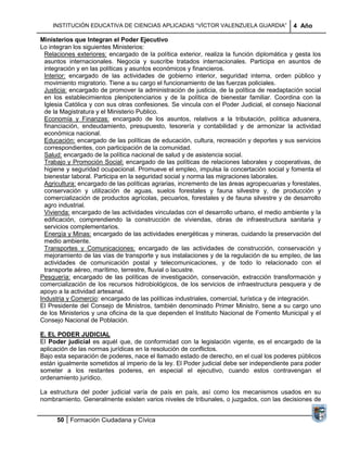 INSTITUCIÓN EDUCATIVA DE CIENCIAS APLICADAS ―VÍCTOR VALENZUELA GUARDIA‖                 4 Año

Ministerios que Integran el Poder Ejecutivo
Lo integran los siguientes Ministerios:
  Relaciones exteriores: encargado de la política exterior, realiza la función diplomática y gesta los
  asuntos internacionales. Negocia y suscribe tratados internacionales. Participa en asuntos de
  integración y en las políticas y asuntos económicos y financieros.
  Interior: encargado de las actividades de gobierno interior, seguridad interna, orden público y
  movimiento migratorio. Tiene a su cargo el funcionamiento de las fuerzas policiales.
  Justicia: encargado de promover la administración de justicia, de la política de readaptación social
  en los establecimientos plenipotenciarios y de la política de bienestar familiar. Coordina con la
  Iglesia Católica y con sus otras confesiones. Se vincula con el Poder Judicial, el consejo Nacional
  de la Magistratura y el Ministerio Publico.
  Economía y Finanzas: encargado de los asuntos, relativos a la tributación, política aduanera,
  financiación, endeudamiento, presupuesto, tesorería y contabilidad y de armonizar la actividad
  económica nacional.
  Educación: encargado de las políticas de educación, cultura, recreación y deportes y sus servicios
  correspondientes, con participación de la comunidad.
  Salud: encargado de la política nacional de salud y de asistencia social.
  Trabajo y Promoción Social: encargado de las políticas de relaciones laborales y cooperativas, de
  higiene y seguridad ocupacional. Promueve el empleo, impulsa la concertación social y fomenta el
  bienestar laboral. Participa en la seguridad social y norma las migraciones laborales.
  Agricultura: encargado de las políticas agrarias, incremento de las áreas agropecuarias y forestales,
  conservación y utilización de aguas, suelos forestales y fauna silvestre y, de producción y
  comercialización de productos agrícolas, pecuarios, forestales y de fauna silvestre y de desarrollo
  agro industrial.
  Vivienda: encargado de las actividades vinculadas con el desarrollo urbano, el medio ambiente y la
  edificación, comprendiendo la construcción de viviendas, obras de infraestructura sanitaria y
  servicios complementarios.
  Energía y Minas: encargado de las actividades energéticas y mineras, cuidando la preservación del
  medio ambiente.
  Transportes y Comunicaciones: encargado de las actividades de construcción, conservación y
  mejoramiento de las vías de transporte y sus instalaciones y de la regulación de su empleo, de las
  actividades de comunicación postal y telecomunicaciones, y de todo lo relacionado con el
  transporte aéreo, marítimo, terrestre, fluvial o lacustre.
Pesquería: encargado de las políticas de investigación, conservación, extracción transformación y
comercialización de los recursos hidrobiológicos, de los servicios de infraestructura pesquera y de
apoyo a la actividad artesanal.
Industria y Comercio: encargado de las políticas industriales, comercial, turística y de integración.
El Presidente del Consejo de Ministros, también denominado Primer Ministro, tiene a su cargo uno
de los Ministerios y una oficina de la que dependen el Instituto Nacional de Fomento Municipal y el
Consejo Nacional de Población.

E. EL PODER JUDICIAL
El Poder judicial es aquél que, de conformidad con la legislación vigente, es el encargado de la
aplicación de las normas jurídicas en la resolución de conflictos.
Bajo esta separación de poderes, nace el llamado estado de derecho, en el cual los poderes públicos
están igualmente sometidos al imperio de la ley. El Poder judicial debe ser independiente para poder
someter a los restantes poderes, en especial el ejecutivo, cuando estos contravengan el
ordenamiento jurídico.

La estructura del poder judicial varía de país en país, así como los mecanismos usados en su
nombramiento. Generalmente existen varios niveles de tribunales, o juzgados, con las decisiones de


      50 Formación Ciudadana y Cívica
 