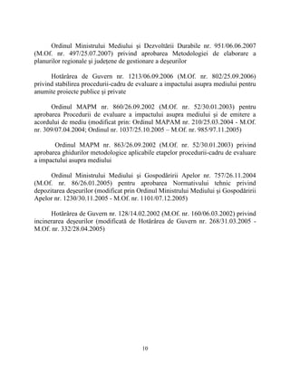 Ordinul Ministrului Mediului şi Dezvoltării Durabile nr. 951/06.06.2007
(M.Of. nr. 497/25.07.2007) privind aprobarea Metodologiei de elaborare a
planurilor regionale şi judeţene de gestionare a deşeurilor
Hotărârea de Guvern nr. 1213/06.09.2006 (M.Of. nr. 802/25.09.2006)
privind stabilirea procedurii-cadru de evaluare a impactului asupra mediului pentru
anumite proiecte publice şi private
Ordinul MAPM nr. 860/26.09.2002 (M.Of. nr. 52/30.01.2003) pentru
aprobarea Procedurii de evaluare a impactului asupra mediului şi de emitere a
acordului de mediu (modificat prin: Ordinul MAPAM nr. 210/25.03.2004 - M.Of.
nr. 309/07.04.2004; Ordinul nr. 1037/25.10.2005 – M.Of. nr. 985/97.11.2005)
Ordinul MAPM nr. 863/26.09.2002 (M.Of. nr. 52/30.01.2003) privind
aprobarea ghidurilor metodologice aplicabile etapelor procedurii-cadru de evaluare
a impactului asupra mediului
Ordinul Ministrului Mediului şi Gospodăririi Apelor nr. 757/26.11.2004
(M.Of. nr. 86/26.01.2005) pentru aprobarea Normativului tehnic privind
depozitarea deşeurilor (modificat prin Ordinul Ministrului Mediului şi Gospodăririi
Apelor nr. 1230/30.11.2005 - M.Of. nr. 1101/07.12.2005)
Hotărârea de Guvern nr. 128/14.02.2002 (M.Of. nr. 160/06.03.2002) privind
incinerarea deşeurilor (modificată de Hotărârea de Guvern nr. 268/31.03.2005 -
M.Of. nr. 332/28.04.2005)
10
 