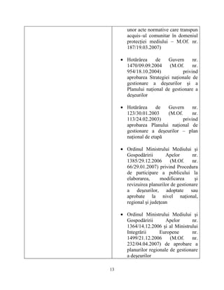 unor acte normative care transpun
acquis–ul comunitar în domeniul
protecţiei mediului – M.Of. nr.
187/19.03.2007)
• Hotărârea de Guvern nr.
1470/09.09.2004 (M.Of. nr.
954/18.10.2004) privind
aprobarea Strategiei naţionale de
gestionare a deşeurilor şi a
Planului naţional de gestionare a
deşeurilor
• Hotărârea de Guvern nr.
123/30.01.2003 (M.Of. nr.
113/24.02.2003) privind
aprobarea Planului naţional de
gestionare a deşeurilor – plan
naţional de etapă
• Ordinul Ministrului Mediului şi
Gospodăririi Apelor nr.
1385/29.12.2006 (M.Of. nr.
66/29.01.2007) privind Procedura
de participare a publicului la
elaborarea, modificarea şi
revizuirea planurilor de gestionare
a deşeurilor, adoptate sau
aprobate la nivel naţional,
regional şi judeţean
• Ordinul Ministrului Mediului şi
Gospodăririi Apelor nr.
1364/14.12.2006 şi al Ministrului
Integrării Europene nr.
1499/21.12.2006 (M.Of. nr.
232/04.04.2007) de aprobare a
planurilor regionale de gestionare
a deşeurilor
13
 