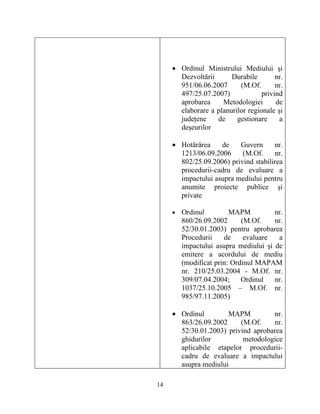 • Ordinul Ministrului Mediului şi
Dezvoltării Durabile nr.
951/06.06.2007 (M.Of. nr.
497/25.07.2007) privind
aprobarea Metodologiei de
elaborare a planurilor regionale şi
judeţene de gestionare a
deşeurilor
• Hotărârea de Guvern nr.
1213/06.09.2006 (M.Of. nr.
802/25.09.2006) privind stabilirea
procedurii-cadru de evaluare a
impactului asupra mediului pentru
anumite proiecte publice şi
private
• Ordinul MAPM nr.
860/26.09.2002 (M.Of. nr.
52/30.01.2003) pentru aprobarea
Procedurii de evaluare a
impactului asupra mediului şi de
emitere a acordului de mediu
(modificat prin: Ordinul MAPAM
nr. 210/25.03.2004 - M.Of. nr.
309/07.04.2004; Ordinul nr.
1037/25.10.2005 – M.Of. nr.
985/97.11.2005)
• Ordinul MAPM nr.
863/26.09.2002 (M.Of. nr.
52/30.01.2003) privind aprobarea
ghidurilor metodologice
aplicabile etapelor procedurii-
cadru de evaluare a impactului
asupra mediului
14
 