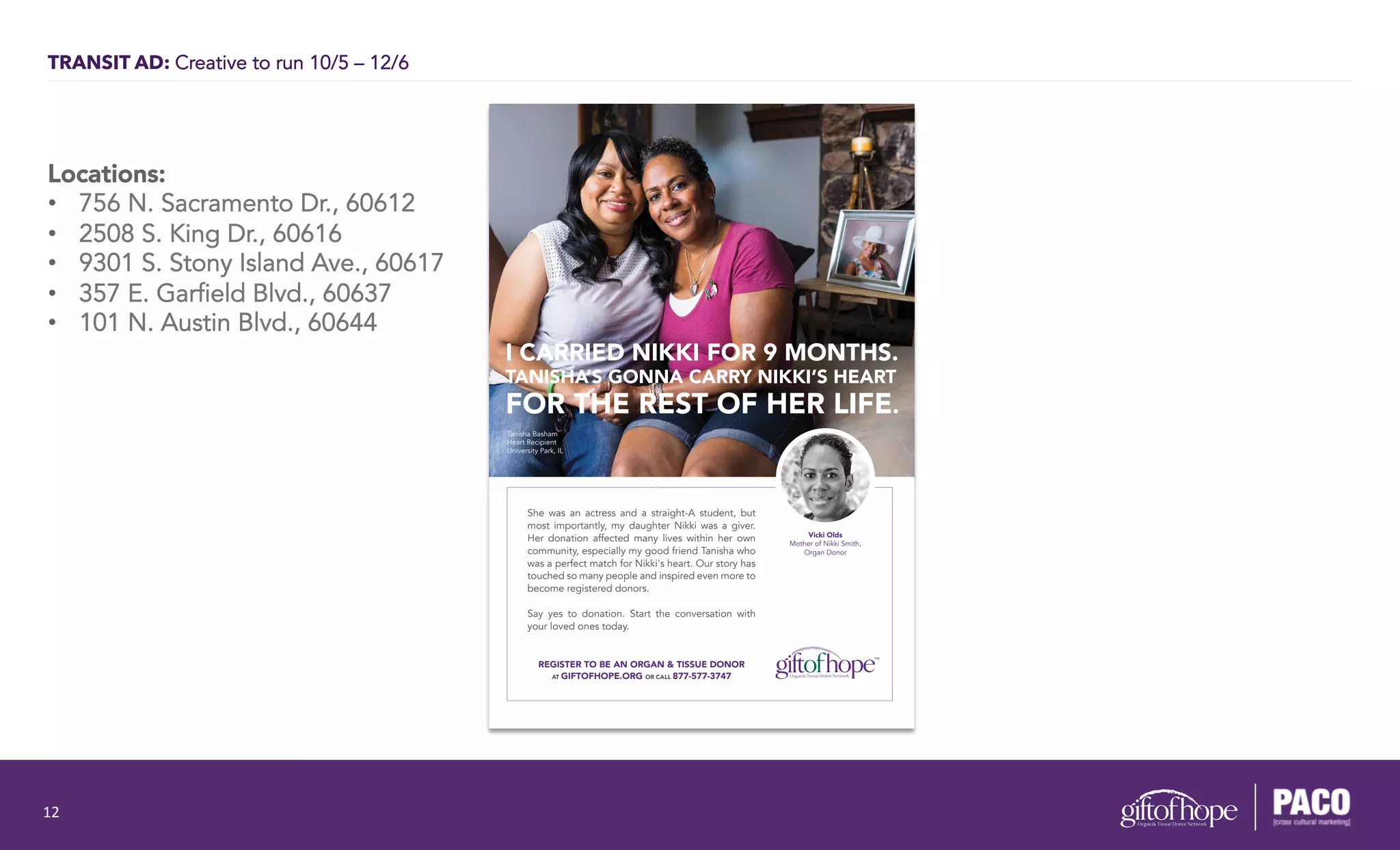 TRANSIT AD: Creative to run 10/5 – 12/6
She was an actress and a straight-A student, but
most importantly, my daughter Nikki was a giver.
Her donation affected many lives within her own
community, especially my good friend Tanisha who
was a perfect match for Nikki's heart. Our story has
touched so many people and inspired even more to
become registered donors.
Say yes to donation. Start the conversation with
your loved ones today.
Tanisha Basham
Heart Recipient
University Park, IL
Vicki Olds
Mother of Nikki Smith,
Organ Donor
I CARRIED NIKKI FOR 9 MONTHS.
TANISHA’S GONNA CARRY NIKKI’S HEART
FOR THE REST OF HER LIFE.
REGISTER TO BE AN ORGAN & TISSUE DONOR
AT GIFTOFHOPE.ORG OR CALL 877-577-3747
12	
  
Locations:
•  756 N. Sacramento Dr., 60612
•  2508 S. King Dr., 60616
•  9301 S. Stony Island Ave., 60617
•  357 E. Garfield Blvd., 60637
•  101 N. Austin Blvd., 60644
 