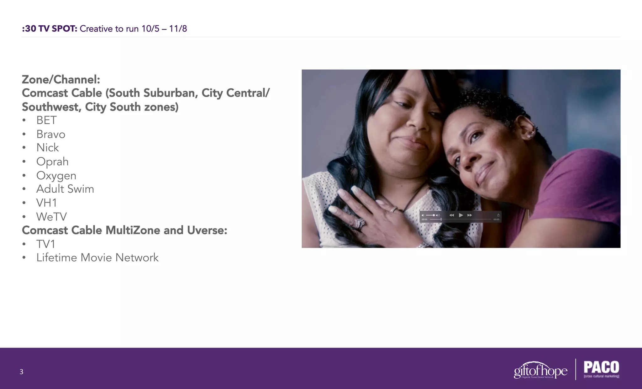 :30 TV SPOT: Creative to run 10/5 – 11/8
3	
  
Zone/Channel:
Comcast Cable (South Suburban, City Central/
Southwest, City South zones)
•  BET
•  Bravo
•  Nick
•  Oprah
•  Oxygen
•  Adult Swim
•  VH1
•  WeTV
Comcast Cable MultiZone and Uverse:
•  TV1
•  Lifetime Movie Network
 