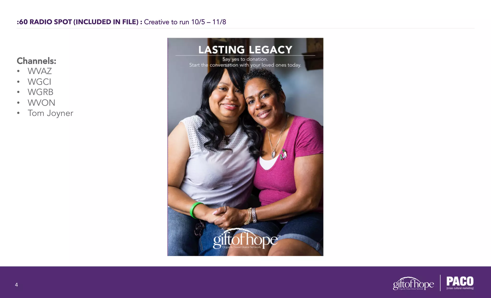 :60 RADIO SPOT (INCLUDED IN FILE) : Creative to run 10/5 – 11/8
4	
  
Channels:
•  WVAZ
•  WGCI
•  WGRB
•  WVON
•  Tom Joyner
 