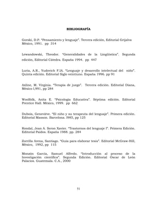 BIBLIOGRAFÍA


Gorski, D.P. “Pensamiento y lenguaje”. Tercera edición, Editorial Grijalva
México, 1991. pp 314


Lewandowski, Theodor. “Generalidades de la Lingüística”. Segunda
edición, Editorial Cátedra. España 1994. pp 447


Luria, A.R., Yudovich F.IA. “Lenguaje y desarrollo intelectual del    niño”.
Quinta edición. Editorial Siglo veintiuno. España 1996. pp 91


Axline, M. Virginia. “Terapia de juego”. Tercera edición. Editorial Diana,
México l,991, pp 284


Woolfolk, Anita E. “Psicología Educativa”. Séptima edición. Editorial
Prentice Hall. México, 1999. pp 662


Dubois, Geneviéve. “El niño y su terapeuta del lenguaje”. Primera edición.
Editorial Masson. Barcelona. l985, pp 125


Rondal, Jean A. Seron Xavier. “Trastornos del lenguaje I”. Primera Edición.
Editorial Paidos. España 1988. pp. 284

Zorrilla Arena, Santiago. “Guía para elaborar tesis”. Editorial McGraw-Hill,
México, 1992, pp 115

Monzón García, Samuel Alfredo. “Introducción al proceso de la
Investigación científica”. Segunda Edición. Editorial Oscar de León
Palacios. Guatemala. C.A., 2000




                                     51
 