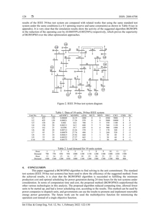 ISSN: 2088-8708
Int J Elec & Comp Eng, Vol. 12, No. 1, February 2022: 122-130
128
results of the IEEE 39-bus test system are compared with related works that using the same standard test
system under the same conditions (i.e 0.1 spinning reserve and same constraints) as shown in Table 4 (see in
appendix). It is very clear that the simulation results show the activity of the suggested algorithm BGWOPS
in the reduction of the operating cost by (0.046939%-0.003294%) respectively, which proves the superiority
of BGWOPSO over the other optimization approaches.
Figure 2. IEEE 39-bus test system diagram
Table 1. Data of 10 units, 39-bus IEEE system
Unit No. Pgimax Pgimin a($/MW2
) b($/MW) c($/h) MUTi MDTi HSCi CSCi CSHi ISi
U1 455 150 0.00048 16.19 1000 8 8 4500 9000 5 8
U2 455 150 0.00031 17.26 970 8 8 5000 10000 5 8
U3 130 20 0.002 16.6 700 5 5 550 1100 4 -5
U4 130 20 0.00211 16.5 680 5 5 560 1120 4 -5
U5 162 25 0.0398 19.7 450 6 6 900 1800 4 -6
U6 80 20 0.00712 22.26 370 3 3 170 340 2 -3
U7 85 25 0.00079 27.74 480 3 3 260 520 2 -3
U8 55 10 0.00413 25.92 660 1 1 30 60 0 -1
U9 55 10 0.00222 27.27 665 1 1 30 60 0 -1
U10 55 10 0.00173 27.79 670 1 1 30 60 0 -1
Table 2. Load demand for 10 units system
Hour 1 2 3 4 5 6 7 8 9 10 11 12
Demand 700 750 850 950 1000 1100 1150 1200 1300 1400 1450 1500
Hour 13 14 15 16 17 18 19 20 21 22 23 24
Demand 1400 1300 1200 1050 1000 1100 1200 1400 1300 1100 900 800
4. CONCLUSION
This paper suggested a BGWOPSO algorithm to find solving to the unit commitment. The standard
test system (IEEE 39-bus test systems) has been used to show the efficiency of the suggested method. From
the achieved results, it is clear that the BGWOPSO algorithm is succeeded to fulfilling the minimum
production cost and optimal scheduling for power generation during 24 time hours for the test systems under
consideration. In terms of computation time and cost, the proposed method (BGWOPSO) outperformed the
other various technologies in this analysis. The proposed algorithm reduced computing time, allowed fewer
units to be started up, and had a lower scheduling cost, according to the results. This method can be used by
power companies to dispatch units, and governments can use the results to promote and implement renewable
energy power generation. The future work can be used the multiobjective function for minimizing the
operation cost instead of a single objective function.
 