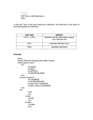 …………
        ………..
        <DT>Term n<DD>Definition n
        </DL>


In this tag, Term is the word requiring a definition, and Definition is the block of
text that supplies the definition.



              LIST TAG                                EFFECT
            < DL>----</DL>             Specifies that the information appear
                                                 as a definition list

                 <DT>                         Indicates definition term
                 <DD>                           Identifies definitions



Example:

    <html>
    <head><title>two shopping lists</title></head>
    <body bgcolor=cyan>
        <ul>
                  <li>EGGS
                  <li>MILK
                  <li>APPLES
                  <li>RAZOR BLADES
        </ul>
      <ul type="square">
                  <li> HAMMER
                  <li>SCREWDRIVER
                  <li type="disc">SCREWS
                  <li type="circle">CHAINSAW
        </ul>
      <ul>
                  <li>A
                  <ul>
              <li>AA
                  <li>AB
                  <ul>
             <li>AAA
                  <li>ABA
                  </ul>
 