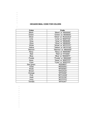 HEXADECIMAL CODE FOR COLORS


  Color                          Code
  Black                  “Black” or “#000000”
 Green                  “Green” or “#008000”
  Silver                “Silver” or “#C0C0C0”
  Lime                   “Lime” or “#00FF00”
   Gray                   “Gray” or “#808080”
   Olive                 “Olive” or “#808000”
  White                 “White” or “#FFFFFF”
  Yellow               “Yellow” or “#FFFF00”
 Maroon                “Maroon” or “#800000”
  Navy                   “Navy” or “#000080”
    Red                    “Red” or “FF0000”
   Blue                   “Blue” or “#0000FF”
  Purple                “Purple” or “#800080”
  Aqua                   “Aqua” or “#00FFFF”
  Cyan                   “Cyan” or “#00FFFF”
Sea green                     “#2E8B57”
  Violet                      “#EE82EE”
  Khaki                       “#F0E68C”
  Brown                       “#A52A2A”
 Orange                        “#FFA500”
   Pink                       “#FFC0CB”
   Gold                       “#FFD700”
   Ivory                      “#FFFFF0”
 Tomato                        “#FF6347”
 