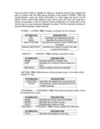 Here we will be able to capable of utilizing a dazzling feature that enables the
user to interact with the Web server through a tag named <FORM>. With this
special feature, users can enter information in a web page and send it to the
server. Forms, which help visitors to your site to give you input, are used for a
variety of purposes. It can be used for order processing on a retail site or they
can be set up to get customer feedback by email. The form element consists of
several other elements, called controls.

      <FORM>…</FORM> TAG: Creates a container for the controls

           ATTRIBUTES                       DESCRIPTION
                Title             Specifies text assigned to the tag
                Name               Specifies the name of the form
          Action=FILE/URL      Specifies the location where FORM data
                                               is passed
        Method=GET/POST        Specifies the method by which the data
                                         is sent to the server.

        <SELECT>. …</SELECT> TAG: Creates a pull-down menu.

           ATTRIBUTES                    DESCRIPTION
           NAME             Uniquely identifies <Select> tag
           SIZE             Specifies the number of items visible at a
                            time.
           MULTIPLE         Allows multiple items to be selected

      <OPTION> TAG: Defines items of the pull-down menu. It is written within
      <SELECT> tag.

            ATTRIBUTES                    DESCRIPTION
             SELECTED        Specifies the default item among the list
               VALUE         Provides the content associated with the
                             NAME=attribute

      <TEXTAREA>… </TEXTAREA> TAG: Text areas are places within a form
      for extensive text input

          ATTRIBUTES                 DESCRIPTION
          NAME          Specifies the name of the TEXTAREA
          ROWS          Specifies the number of rows
          COLS          Specifies the number of cols
      <FIELDSET>…. </FIELDSET> TAG: Groups related form elements

           ATTRIBUTES                    DESCRIPTION
           TITLE            Specifies text assigned to the tag.
 