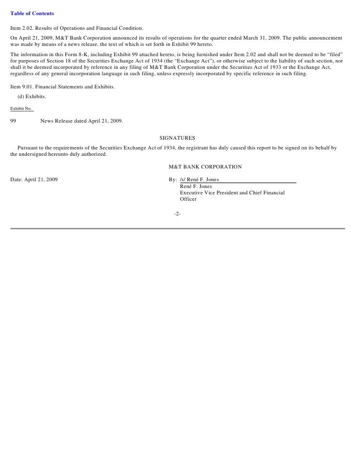 Q1 2009 Earning Report Of M T Bank Corp