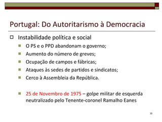 Portugal: Do Autoritarismo à Democracia Instabilidade política e social O PS e o PPD abandonam o governo; Aumento do número de greves; Ocupação de campos e fábricas; Ataques às sedes de partidos e sindicatos; Cerco à Assembleia da República. 25 de Novembro de 1975  – golpe militar de esquerda neutralizado pelo Tenente-coronel Ramalho Eanes 