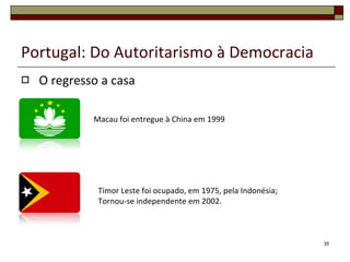 Portugal: Do Autoritarismo à Democracia O regresso a casa Macau foi entregue à China em 1999 Timor Leste foi ocupado, em 1975, pela Indonésia; Tornou-se independente em 2002. 