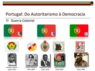 Portugal: Do Autoritarismo à Democracia Guerra Colonial Amílcar Cabral 1924-1973 Holden Roberto 1923-2007 Agostinho Neto 1922-1979 Jonas Savimbi 1934-2002 Samora Machel 1933-1986 