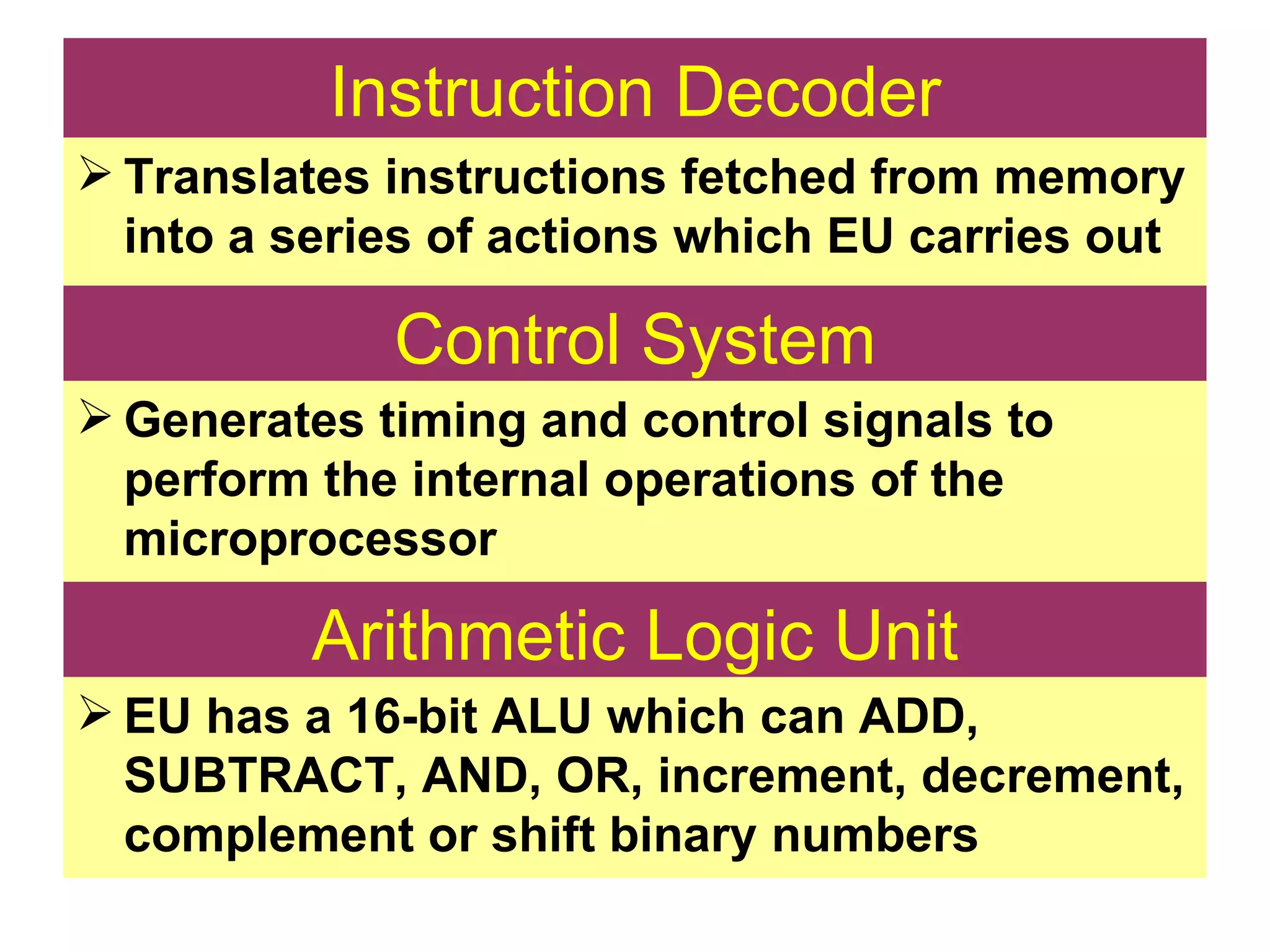 Instruction Decoder Translates instructions fetched from memory into a series of actions which EU carries out Control System Generates timing and control signals to perform the internal operations of the microprocessor Arithmetic Logic Unit EU has a 16-bit ALU which can ADD, SUBTRACT, AND, OR, increment, decrement, complement or shift binary numbers 