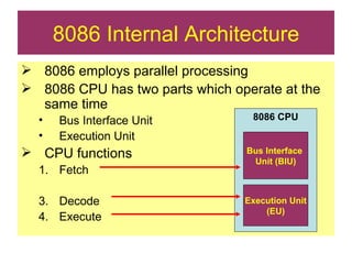 8086 Internal Architecture 8086 employs parallel processing 8086 CPU has two parts which operate at the same time Bus Interface Unit Execution Unit CPU functions Fetch Decode Execute 8086 CPU Bus Interface  Unit (BIU) Execution Unit (EU) 