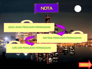 NOTA JENIS-JENIS PEMILIKAN PERNIAGAAN DEFINISI PEMILIKAN PERNIAGAAN CIRI-CIRI PEMILIKAN PERNIAGAAN MENU  