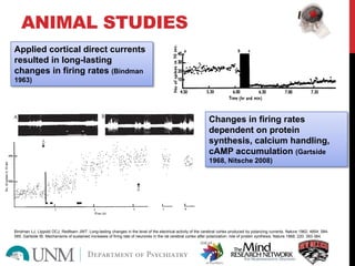 ANIMAL STUDIES
Applied cortical direct currents
resulted in long-lasting
changes in firing rates (Bindman
1963)
Changes in firing rates
dependent on protein
synthesis, calcium handling,
cAMP accumulation (Gartside
1968, Nitsche 2008)
Bindman LJ, LIppold OCJ, Redfearn JWT. Long-lasting changes in the level of the electrical activity of the cerebral cortex produced by polarizing currents. Nature 1962; 4854: 584-
585. Gartside IB. Mechanisms of sustained increases of firing rate of neurones in the rat cerebral cortex after polarization: role of protein synthesis. Nature 1968; 220: 383-384.
 