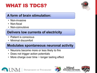 WHAT IS TDCS?
A form of brain stimulation:
• Non-invasive
• Non-focal
• Non-convulsive
Delivers low currents of electricity
• Patient is conscious
• Minimal discomfort
Modulates spontaneous neuronal activity
• Neurons become more or less likely to fire
• Does not trigger action potentials
• More charge over time ~ longer lasting effect
 
