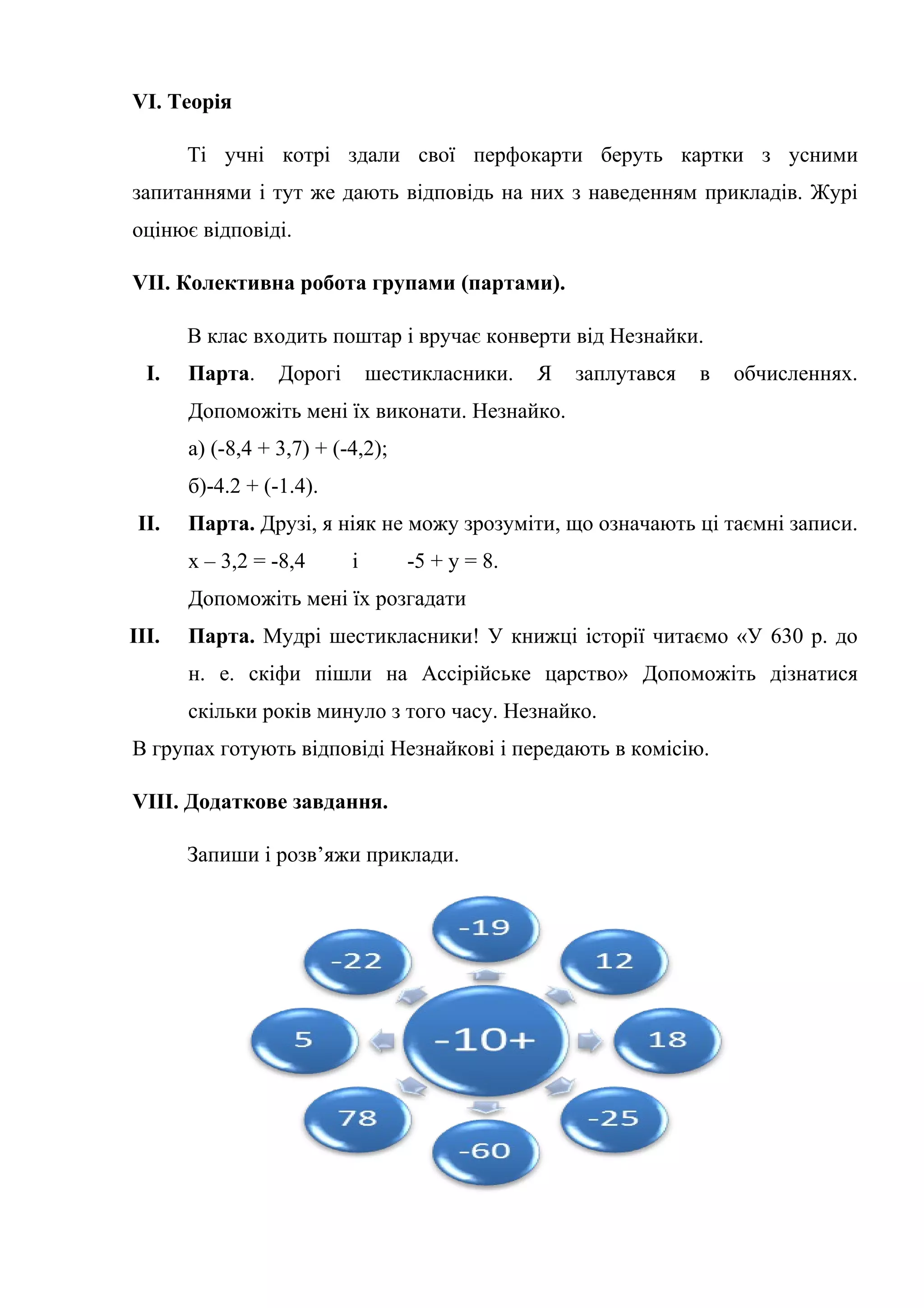 VI. Теорія
Ті учні котрі здали свої перфокарти беруть картки з усними
запитаннями і тут же дають відповідь на них з наведенням прикладів. Журі
оцінює відповіді.
VII. Колективна робота групами (партами).
В клас входить поштар і вручає конверти від Незнайки.
I.

Парта.

Дорогі

шестикласники.

Я

заплутався

в

обчисленнях.

Допоможіть мені їх виконати. Незнайко.
а) (-8,4 + 3,7) + (-4,2);
б)-4.2 + (-1.4).
II.

Парта. Друзі, я ніяк не можу зрозуміти, що означають ці таємні записи.
х – 3,2 = -8,4

і

-5 + у = 8.

Допоможіть мені їх розгадати
III.

Парта. Мудрі шестикласники! У книжці історії читаємо «У 630 р. до
н. е. скіфи пішли на Ассірійське царство» Допоможіть дізнатися
скільки років минуло з того часу. Незнайко.

В групах готують відповіді Незнайкові і передають в комісію.
VIII. Додаткове завдання.
Запиши і розв’яжи приклади.

 