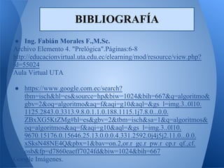 BIBLIOGRAFÍA
 ● Ing. Fabián Morales F.,M.Sc.
Archivo Elemento 4. "Prelógica".Páginas:6-8
http://educacionvirtual.uta.edu.ec/elearning/mod/resource/view.php?
id=55024
Aula Virtual UTA

● https://www.google.com.ec/search?
   tbm=isch&hl=es&source=hp&biw=1024&bih=667&q=algoritmo&
   gbv=2&oq=algoritmo&aq=f&aqi=g10&aql=&gs_l=img.3..0l10.
   1125.2843.0.3313.9.8.0.1.1.0.188.1115.1j7.8.0...0.0.
   ZBxXG5KtZMg#hl=es&gbv=2&tbm=isch&sa=1&q=algoritmos&
   oq=algoritmos&aq=f&aqi=g10&aql=&gs_l=img.3..0l10.
   9670.15176.0.15646.25.13.0.0.0.4.331.2592.0j4j5j2.11.0...0.0.
   xSksN48NE4Q&pbx=1&bav=on.2,or.r_gc.r_pw.r_cp.r_qf.,cf.
   osb&fp=d7860eaeff7024fd&biw=1024&bih=667
Google Imágenes.
 