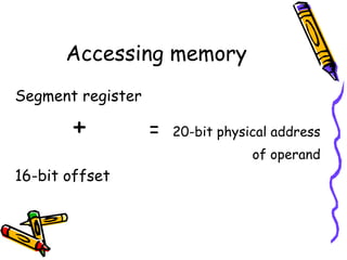 Accessing memory
Segment register

       +           =   20-bit physical address
                                   of operand
16-bit offset
 
