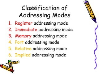 Classification of
      Addressing Modes
1.   Register addressing mode
2.   Immediate addressing mode
3.   Memory addressing mode
4.   Port addressing mode
5.   Relative addressing mode
6.   Implied addressing mode
 