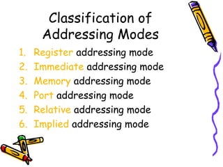 Classification of
      Addressing Modes
1.   Register addressing mode
2.   Immediate addressing mode
3.   Memory addressing mode
4.   Port addressing mode
5.   Relative addressing mode
6.   Implied addressing mode
 