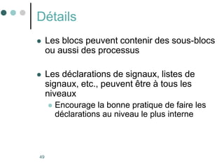 49
Détails
 Les blocs peuvent contenir des sous-blocs
ou aussi des processus
 Les déclarations de signaux, listes de
signaux, etc., peuvent être à tous les
niveaux
 Encourage la bonne pratique de faire les
déclarations au niveau le plus interne
 