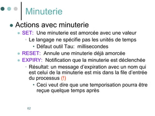 62
Minuterie
 Actions avec minuterie
 SET: Une minuterie est amorcée avec une valeur
• Le langage ne spécifie pas les unités de temps
• Défaut outil Tau: millisecondes
 RESET: Annule une minuterie déjà amorcée
 EXPIRY: Notification que la minuterie est déclenchée
• Résultat: un message d’expiration avec un nom qui
est celui de la minuterie est mis dans la file d’entrée
du processus (!)
• Ceci veut dire que une temporisation pourra être
reçue quelque temps après
 