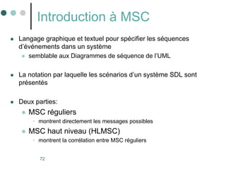 72
Introduction à MSC
 Langage graphique et textuel pour spécifier les séquences
d’événements dans un système
 semblable aux Diagrammes de séquence de l’UML
 La notation par laquelle les scénarios d’un système SDL sont
présentés
 Deux parties:
 MSC réguliers
• montrent directement les messages possibles
 MSC haut niveau (HLMSC)
• montrent la corrélation entre MSC réguliers
 