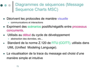 73
Diagrammes de séquences (Message
Sequence Charts MSC)
 Décrivent les protocoles de manière visuelle
 communications et interactions
 Expriment des scénarios positifs/négatifs entre processus
concurrents.
 Utilisés au début du cycle de développement
 abstraction des données, etc...
 Standard de la norme Z.120 de l'ITU (CCITT), utilisés dans
UML (Unified Modeling Language).
 La visualisation de la trace du message est choisi d’une
manière simple et intuitive
 
