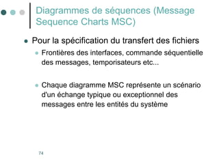 74
Diagrammes de séquences (Message
Sequence Charts MSC)
 Pour la spécification du transfert des fichiers
 Frontières des interfaces, commande séquentielle
des messages, temporisateurs etc...
 Chaque diagramme MSC représente un scénario
d'un échange typique ou exceptionnel des
messages entre les entités du système
 