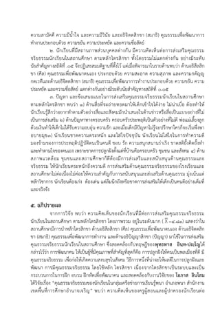 ความสามัคคี ความมีน้าใจ และความมีวินัย และอธิจิตตสิกขา (สมาธิ) คุณธรรมเพื่อพัฒนาการ
ทางานประกอบด้วย ความขยัน ความประหยัด และความซื่อสัตย์
๒. นักเรียนที่มีสถานภาพส่วนบุคคลต่างกัน มีความคิดเห็นต่อการส่งเสริมคุณธรรม
จริยธรรมนักเรียนในสถานศึกษา ตามหลักไตรสิกขา ทั้งโดยรวมไม่แตกต่างกัน อย่างมีระดับ
นัยสาคัญทางสถิติที่ .๐๕ จึงปฏิเสธสมมติฐานที่ตั้งไว้ แต่เมื่อพิจารณาในรายด้านพบว่า ด้านอธิสีลสิก
ขา (ศีล) คุณธรรมเพื่อพัฒนาตนเอง ประกอบด้วย ความสะอาด ความสุภาพ และความกตัญญู
กตเวทีและด้านอธิจิตตสิกขา (สมาธิ) คุณธรรมเพื่อพัฒนาการทางานประกอบด้วย ความขยัน ความ
ประหยัด และความซื่อสัตย์ แตกต่างกันอย่างมีระดับนัยสาคัญทางสถิติที่ ๐.๐๕
๓. ปัญหา และข้อเสนอแนะในการส่งเสริมคุณธรรมจริยธรรมนักเรียนในสถานศึกษา
ตามหลักไตรสิกขา พบว่า ๑) ด้านสื่อที่จะถ่ายทอดมาให้เด็กเข้าใจได้ง่าย ไม่น่าเบื่อ ต้องทาให้
นักเรียนรู้สึกว่าอยากทาตามตัวอย่างสื่อและสังคมมักนาเสนอในด้านข่าวหรือสื่อเป็นแบบอย่างที่ไม่
เป็นการส่งเสริม ๒) ด้านปัญหาทางครอบครัว ครอบครัวประพฤติเป็นตัวอย่างที่ไม่ดี พ่อแม่เลี้ยงลูก
ด้วยเงินทาให้เด็กไม่ได้รับความอบอุ่น ความรัก และเมื่อเด็กมีปัญหาไม่รู้จะปรึกษาใครก็จะเริ่มพึ่งพา
อบายมุข๓) นักเรียนขาดความตระหนัก และใส่ใจปัจจุบัน นักเรียนไม่ใส่ใจในการทาความดี
มองข้ามของการประพฤติปฏิบัติตนเป็นคนดี ชอบ รัก ความสนุกสนานร่าเริง ขาดสติยั้งคิดยั้งทา
และทาตามใจของตนเอง เพราะขาดการปลูกฝังตั้งแต่ที่บ้านคือครอบครัว ชุมชน และสังคม ๔) ด้าน
สภาพแวดล้อม ชุมชนและสถานศึกษาก็ดีต้องมีการส่งเสริมและสนับสนุนด้านคุณธรรมและ
จริยธรรม ให้นักเรียนตระหนักถึงความดี การส่งเสริมด้านคุณธรรมจริยธรรมของโรงเรียนและ
สถานศึกษาไม่ต่อเนื่องไม่ค่อยให้ความสาคัญกับการสนับสนุนและส่งเสริมด้านคุณธรรม มุ่งเน้นแต่
หลักวิชาการ นักเรียนต้องเก่ง ต้องเด่น แต่ลืมนึกถึงหรือขาดการส่งเสริมให้เด็กเป็นคนดีอย่างเต็มที่
และจริงจัง
๕. อภิปรายผล
จากการวิจัย พบว่า ความคิดเห็นของนักเรียนที่มีต่อการส่งเสริมคุณธรรมจริยธรรม
นักเรียนในสถานศึกษา ตามหลักไตรสิกขา โดยภาพรวม อยู่ในระดับมาก ( X=๔.๘๑) แสดงว่าใน
สถานศึกษามีการนาหลักไตรสิกขา ด้านอธิสีลสิกขา (ศีล) คุณธรรมเพื่อพัฒนาตนเอง ด้านอธิจิตตสิก
ขา (สมาธิ) คุณธรรมเพื่อพัฒนาการทางาน และด้านอธิปัญญาสิกขา (ปัญญา) มาใช้ในการส่งเสริม
คุณธรรมจริยธรรมนักเรียนในสถานศึกษา ซึ่งสอดคล้องกับทฤษฎีของพุทธทาส อินฺท-ปญฺโญได้
กล่าวไว้ว่า การพัฒนาคน ให้เป็นผู้ที่มีคุณภาพที่สาคัญที่สุดก็คือ การปลูกฝังให้คนเป็นพลเมืองที่ดี มี
คุณธรรมจริยธรรม เพื่อก่อให้เกิดความสงบสุขในสังคม วิธีการหนึ่งที่น่าจะให้ผลดีในการปลูกฝังและ
พัฒนา การมีคุณธรรมจริยธรรม โดยใช้หลัก ไตรสิกขา เนื่องจากไตรสิกขาเป็นระบบและเป็น
กระบวนการในการฝึก อบรม ฝึกหัดเพื่อพัฒนาคน และสอดคล้องกับงานวิจัยของ โอภาส อินโสม
ได้วิจัยเรื่อง “คุณธรรมจริยธรรมของนักเรียนในกลุ่มเครือข่ายการเรียนรู้พนา อาเภอพนา สานักงาน
เขตพื้นที่การศึกษาอานาจเจริญ” พบว่า ความคิดเห็นของครูผู้สอนและผู้ปกครองนักเรียนต่อ
 