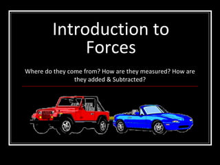 Introduction to
Forces
Where do they come from? How are they measured? How are
they added & Subtracted?
 
