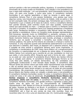 nenhum partido e não tem pretensão política. Agradece. O conselheiro Roberto
Simionatto dá as boas-vindas ao Presidente. Com relação à vice-presidência diz
que a regra está instituída – um vice-presidente. Seria interessante termos dois
vices; um para uma função, o outro para outra. O conselheiro Herberto
Guimarães é um espírito apartidário e ideal no tocante à parte legal. A
conselheira Adriana Flosi é uma pessoa fantástica; uma pessoa que como
algumas outras, luta bravamente pelo Centro da Cidade, onde se patina e não
se tem avançado nada. Ela sempre consegue algo. Fomentando que o Centro é
importante e que a Cidade já foi base da Cultura. Como a conselheira Adriana
tem grande trânsito, pode contribui muito com esta questão. Continuando
coloca que está dividido ao meio – a Adriana para o Centro e o Herberto como
vice para o Conselho. O conselheiro Jamil Cury Sawaya parabeniza o Presidente
pelo cargo. Parabeniza também o conselheiro João Manuel Verde dos Santos
por declinar a candidatura. Entrou no Conselho muito devagar representando a
PUC-Campinas. Aprende muito no CONDEPACC e, portanto, começou a olhar
Campinas com outros olhos. Aqui se exercita a política no sentido da cidadania.
Neste momento histórico que Campinas está vivendo, privilegia o conselheiro
Herberto, que vai ajudar a consolidar o Conselho, que recebe críticas por
motivos políticos. Faz parte da Pró-reitoria de extensão e é factual o Centro de
Campinas. É uma vergonha quando está atendendo pastoralmente e os turistas
que admiram a Catedral, obra ímpar, se deparam com o péssimo entorno. Para
a questão da área central a conselheira Adriana seria muito importante. A
conselheira e coordenadora da CSPC Daisy Serra Ribeiro vê o amadurecimento
do Conselho e a oportunidade de ver a disputa de várias idéias. O conselheiro
Welton Nahas Cury comenta que a escolha de um dos candidatos no nível em
que estão, é uma escolha difícil. Pergunta qual será a forma de voto – aberto
ou se pode ser voto secreto? O presidente Bruno Ribeiro dos Santos informa
que a votação será aberta. O conselheiro Orlando Rodrigues Ferreira se diz
muito feliz pelo debate, um debate democrático. Os três candidatos com
qualificação evidenciando o nível elevado desta eleição. O conselheiro João
Manuel Verde dos Santos coloca que todos estão representando suas entidades
e não vê sentido para que o voto seja secreto. A disputa é muito saudável,
principalmente por todos serem amigos e no caso por se tratar de uma questão
momentânea, não propiciando, nem criando nenhuma inimizade. O presidente
Bruno Ribeiro dos Santos coloca em votação a eleição para a vice-presidência.
O conselheiro Herberto Guimarães recebe 14 votos, a conselheira Adriana Flosi
recebe 03 votos e 02 votos de abstenção. O presidente Bruno Ribeiro dos
Santos empossa o conselheiro Herberto Guimarães como vice-
presidente, eleito com 14 votos. O conselheiro Marcelo Juliano deseja ao
conselheiro Herberto Guimarães uma gestão profícua e agradece a todos pelos
quatro anos de apoio em que foi vice-presidente do CONDEPACC,
representando o IAB. Nestes 8-9 anos de Conselho goza da amizade e respeito
de todos. Sucesso ao Herberto e ao Bruno. A conselheira e coordenadora da
CSPC Daisy Serra Ribeiro informa a todos os Conselheiros que a agenda do
CONDEPACC até o final do ano consta de mais três reuniões: duas em
novembro (dias 10 e 24) e uma em dezembro (dia 15). Continuando explica
400.4
 