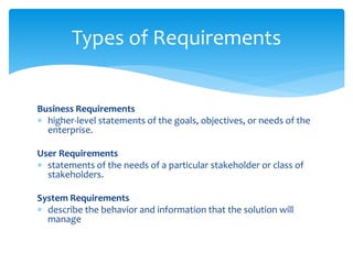 Business Requirements
 higher-level statements of the goals, objectives, or needs of the
enterprise.
User Requirements
 statements of the needs of a particular stakeholder or class of
stakeholders.
System Requirements
 describe the behavior and information that the solution will
manage
Types of Requirements
 