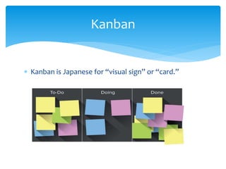  Kanban is Japanese for “visual sign” or “card.”
Kanban
 