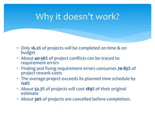  Only 16.2% of projects will be completed on time & on
budget
 About 40-56% of project conflicts can be traced to
requirement errors
 Finding and fixing requirement errors consumes 70-85% of
project rework costs
 The average project exceeds its planned time schedule by
120%
 About 52.7% of projects will cost 189% of their original
estimate
 About 30% of projects are cancelled before completion.
Why it doesn’t work?
 