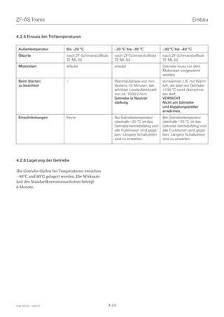 ZF-AS Tronic                                                                                              Einbau


4.2.5 Einsatz bei Tieftemperaturen


  Außentemperatur         Bis –20 °C                     –20 °C bis –30 °C            –30 °C bis –40 °C
  Ölsorte                 nach ZF-Schmierstoffliste      nach ZF-Schmierstoffliste    nach ZF-Schmierstoffliste
                          TE-ML 02                       TE-ML 02                     TE-ML 02
  Motorstart              erlaubt                        erlaubt                      Getriebe muss vor dem
                                                                                      Motorstart vorgewärmt
                                                                                      werden
  Beim Starten            –                              Warmlaufphase von min-       Vorwärmen z.B. mit Warm-
  zu beachten                                            destens 10 Minuten, bei      luft, die aber am Getriebe
                                                         erhöhter Leerlaufdrehzahl    +130 °C nicht überschrei-
                                                         von ca. 1500 U/min           ten darf.
                                                         Getriebe in Neutral-         VORSICHT
                                                         stellung                     Nicht am Getriebe-
                                                                                      und Kupplungssteller
                                                                                      erwärmen.
  Einschränkungen         Keine                          Bei Getriebetemperatur       Bei Getriebetemperatur
                                                         oberhalb –20 °C ist das      oberhalb –20 °C ist das
                                                         Getriebe betriebsfähig und   Getriebe betriebsfähig und
                                                         alle Funktionen sind gege-   alle Funktionen sind gege-
                                                         ben. Längere Schaltzeiten    ben. Längere Schaltzeiten
                                                         sind zu erwarten.            sind zu erwarten.




4.2.6 Lagerung der Getriebe

Die Getriebe dürfen bei Temperaturen zwischen
– 40°C und 80°C gelagert werden. Die Wirksam-
keit des Standardkorrosionsschutzes beträgt
6 Monate.




1328 765 001 - 2006-07                                4-24
 