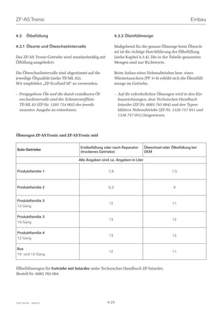 ZF-AS Tronic                                                                                          Einbau


4.3      Ölbefüllung                                      4.3.2 Öleinfüllmenge

4.3.1 Ölsorte und Ölwechselintervalle                     Maßgebend für die genaue Ölmenge beim Ölwech-
                                                          sel ist die richtige Durchführung der Ölbefüllung
Das ZF-AS Tronic-Getriebe wird standardmäßig mit          (siehe Kapitel 4.3.4). Die in der Tabelle genannten
Ölfüllung ausgeliefert.                                   Mengen sind nur Richtwerte.

Die Ölwechselintervalle sind abgestimmt auf die           Beim Anbau eines Nebenabtriebes bzw. eines
jeweilige Ölqualität (siehe TE-ML 02).                    Wärmetauschers (PF 3+4) erhöht sich die Öleinfüll-
Wir empfehlen „ZF-Ecofluid M“ zu verwenden.               menge im Getriebe.

– Freigegebene Öle und die damit erzielbaren Öl-          – Auf die erforderlichen Ölmengen wird in den Ein-
  wechselintervalle sind der Schmierstoffliste              bauzeichnungen, dem Technischen Handbuch
  TE-ML 02 (ZF-Nr. 1205 754 002) der jeweils                Intarder (ZF-Nr. 6085 765 004) und den Typen-
  neuesten Ausgabe zu entnehmen.                            blättern Nebenabtriebe (ZF-Nr. 1328 757 051 und
                                                            1336 757 051) hingewiesen.




Ölmengen ZF-AS Tronic und ZF-AS Tronic mid


                                    Erstbefüllung oder nach Reparatur       Ölwechsel oder Ölbefüllung bei
 Solo-Getriebe
                                    (trockenes Getriebe)                    OEM

                                   Alle Angaben sind ca. Angaben in Liter


 Produktfamilie 1                                   7,8                                    7,5



 Produktfamilie 2                                   9,3                                     9


 Produktfamilie 3
                                                    12                                      11
 12-Gang

 Produktfamilie 3
                                                    13                                      12
 16-Gang

 Produktfamilie 4
                                                    13                                      12
 12-Gang

 Bus
                                                    12                                      11
 10- und 12-Gang


Ölbefüllmengen für Getriebe mit Intarder siehe Technisches Handbuch ZF-Intarder,
Bestell-Nr. 6085 765 004




1328 765 001 - 2006-07                             4-25
 