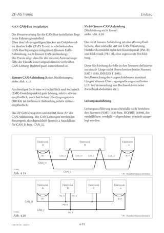 ZF-AS Tronic                                                                                                         Einbau


4.4.4 CAN-Bus Installation                                          Nicht-Lineare CAN-Anbindung
                                                                    (Stichleitung nicht linear)
Die Verantwortung für die CAN-Bus-Installation liegt                siehe Abb. 4.20
beim Fahrzeughersteller!
Über den fahrzeugseitigen Stecker am Getriebestel-                  Die nicht lineare Anbindung ist eine störempfind-
ler lässt sich die ZF-AS Tronic in alle bekannten                   lichere, aber einfache Art der CAN-Vernetzung.
CAN-Bus-Topologien integrieren (lineare CAN-                        Hierdurch entsteht zwischen Knotenpunkt (Pkt. B)
Anbindung, nicht-lineare CAN-Anbindung).                            und Elektronik (Pkt. A), eine sogenannte Stichlei-
Die Praxis zeigt, dass für die meisten Anwendungs-                  tung.
fälle der Einsatz einer ungeschirmten verdrillten
CAN-Leitung (twisted pair) ausreichend ist.                         Diese Stichleitung darf die in den Normen definierte
                                                                    maximale Länge nicht überschreiten (siehe Normen
                                                                    SAE J 1939, ISO/DIS 11898).
Lineare CAN-Anbindung (keine Stichleitungen)                        Bei Abweichung der vorgeschriebenen maximal
siehe Abb. 4.19                                                     Längen können Übertragungsstörungen auftreten
                                                                    (z.B. bei Verwendung von Buchsenkästen oder
Aus heutiger Sicht eine wirtschaftlich und technisch                Zwischenkabelsätzen etc.).
(EMC-Gesichtspunkte) gute Lösung, relativ störun-
empfindlich, auch bei hohen Übertragungsraten
(500 kb) ist die lineare Anbindung relativ störun-                  Leitungsausführung
empfindlich.
                                                                    Leitungsausführung muss ebenfalls nach bestehen-
Das ZF-Getriebesystem unterstützt diese Art der                     den Normen (SAE J 1939 bzw. ISO/DIS 11898), die
CAN-Anbindung. Die CAN-Leitungen werden im                          verdrillt bzw. verdrillt + abgeschirmt vorsieht ausge-
Steuergerät durchgeschleift (jeweils 2 Anschlüsse                   legt werden.
für CAN_H bzw. CAN_L).




                         Elektronik                            Elektronik                          Elektronik
                             A                                     B                                  …n



                            R1        CAN_H                CAN_H+      CAN_L           CAN_L+            R1*

                         CAN_H

  014881
                                          CAN_L
  Abb. 4.19                                                                                       * R1: Busabschlusswiderstand




                         Elektronik      Elektronik                    Elektronik           Elektronik
                             A               B                             C                   …n


                                      Pkt. A          Pkt. A
                            R1                                                                  R1*
                CAN_H
                                         Pkt. B

                         CAN_L
  014882                                          Pkt. B
  Abb. 4.20                                                                                       * R1: Busabschlusswiderstand



1328 765 001 - 2006-07                                         4-33
 